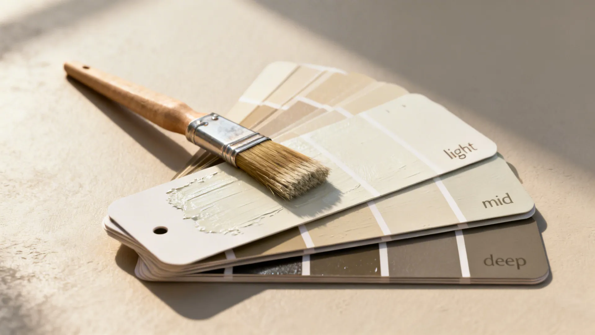 Eggshell and satin finish sample cards with swatches showing light, mid, and deep tones