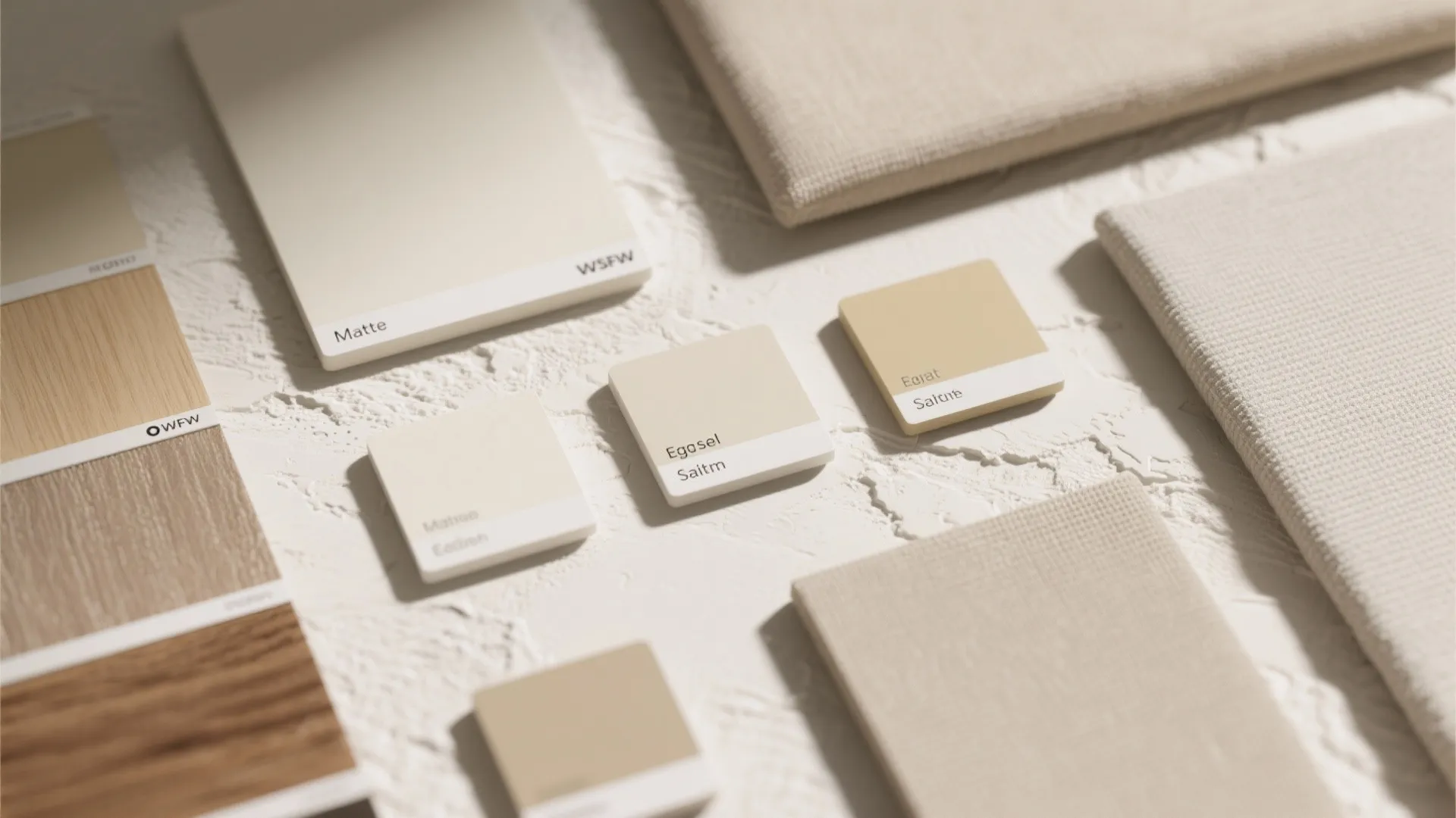 Top-down view of matte, eggshell, and satin cream paint samples with fabric and wood swatches.