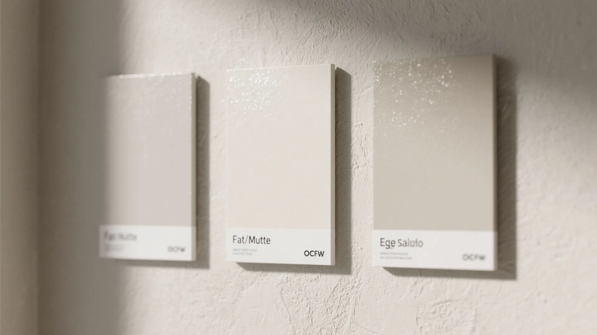 Three cream paint color samples showing different light reflections on a white textured wall surface