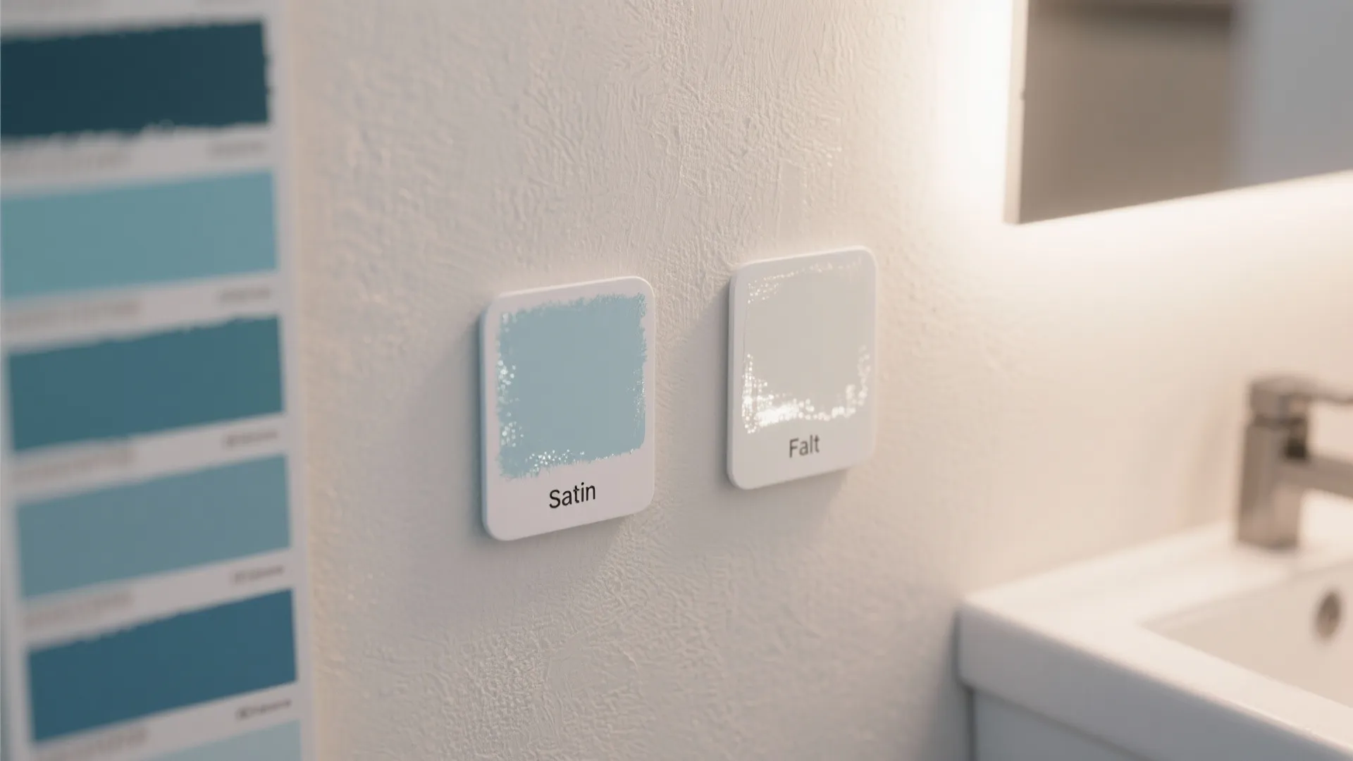Two paint sample squares showing different finishes on white wall next to a bathroom sink