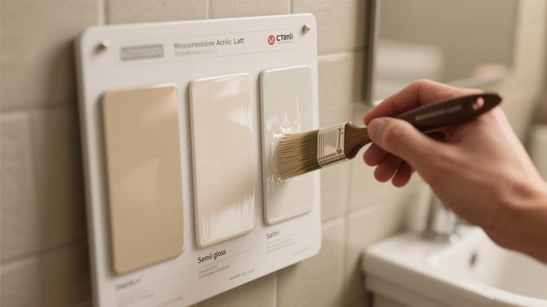 A person using a brush to apply glossy paint to various color samples for wall