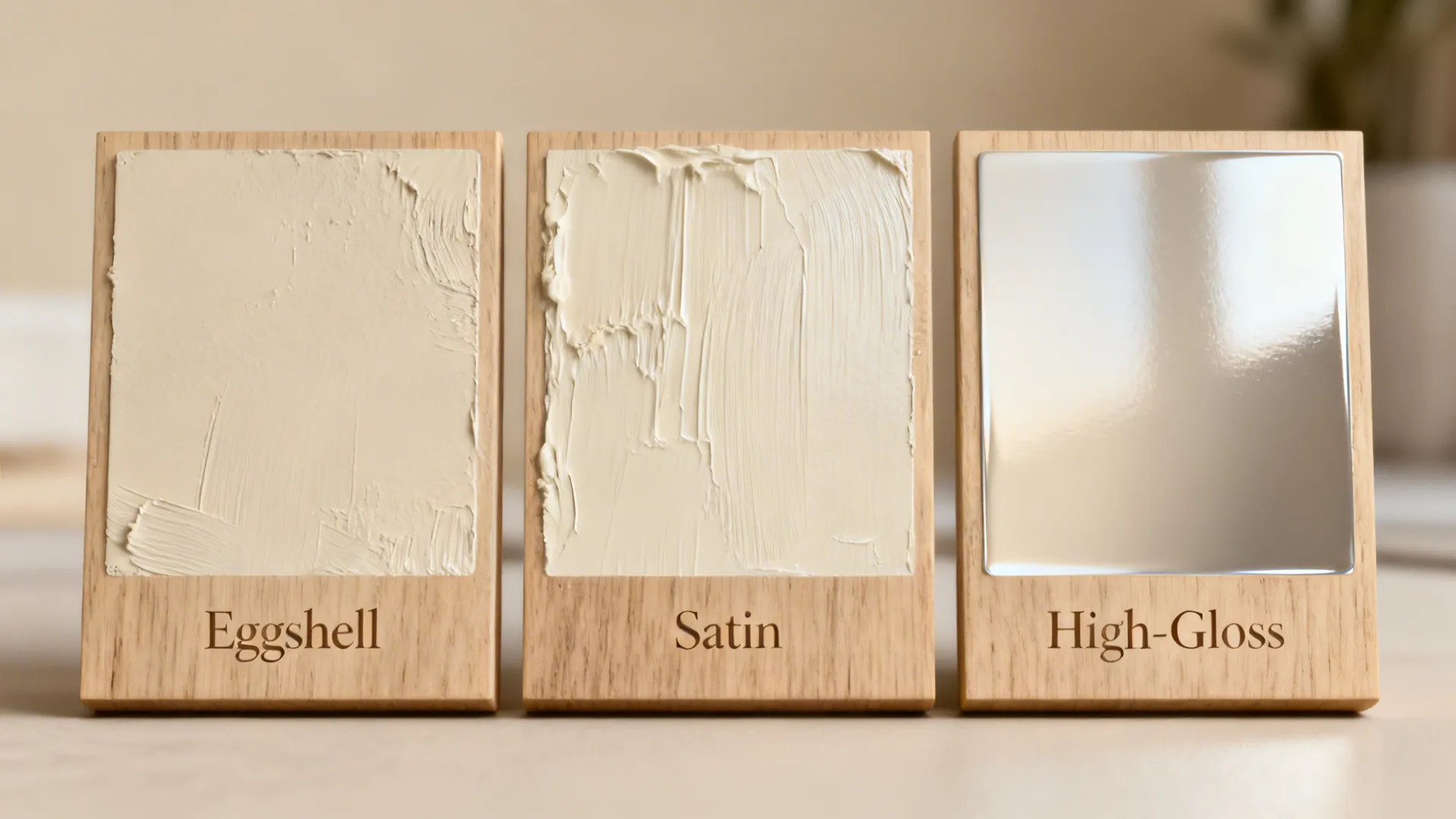 Close-up of eggshell, satin, and high-gloss paint finish samples showing texture and sheen differences.