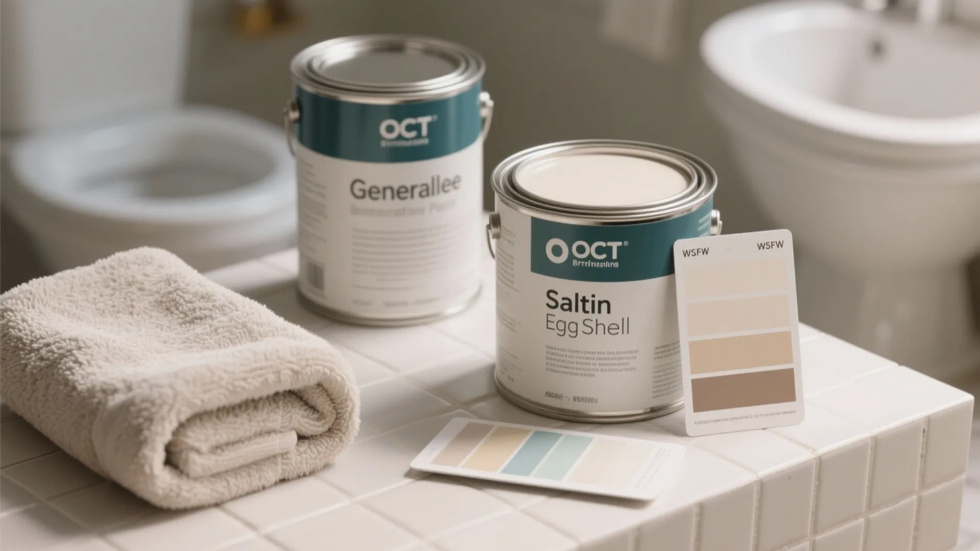 Two paint cans on tiled bathroom surface with color samples and a soft folded towel