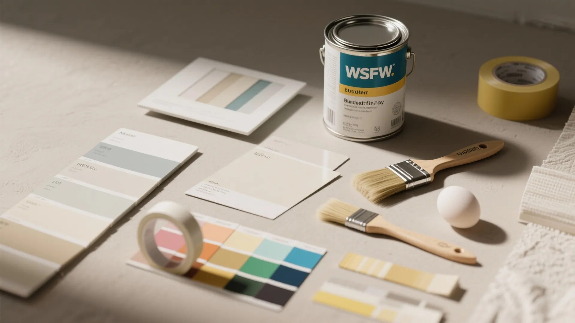 Flatlay of paint finish swatches showing matte, eggshell, and satin options with tools