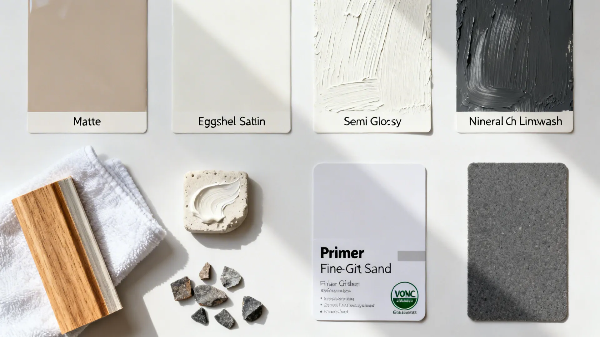 Top-down flatlay showing matte, eggshell, satin, semi-gloss, and limewash paint samples with tools.