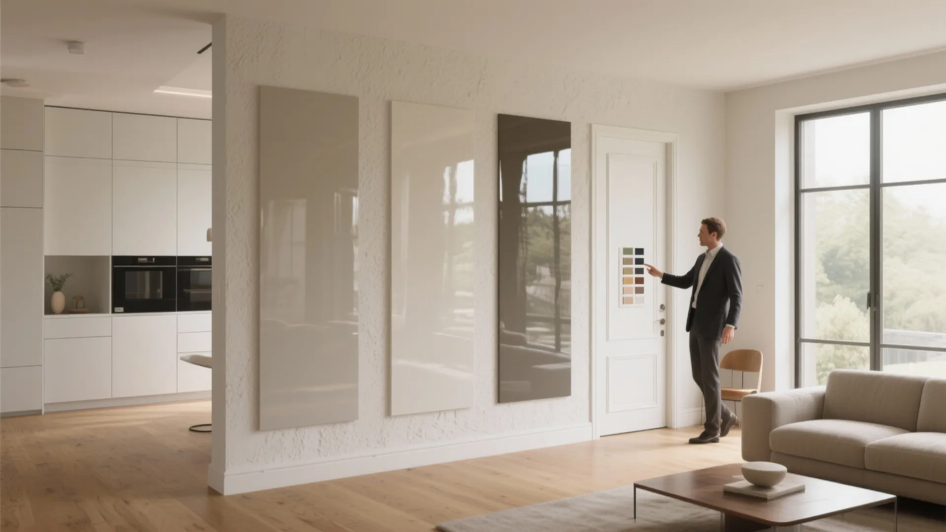 Man pointing at color swatches on wall with three large painted panels in modern room