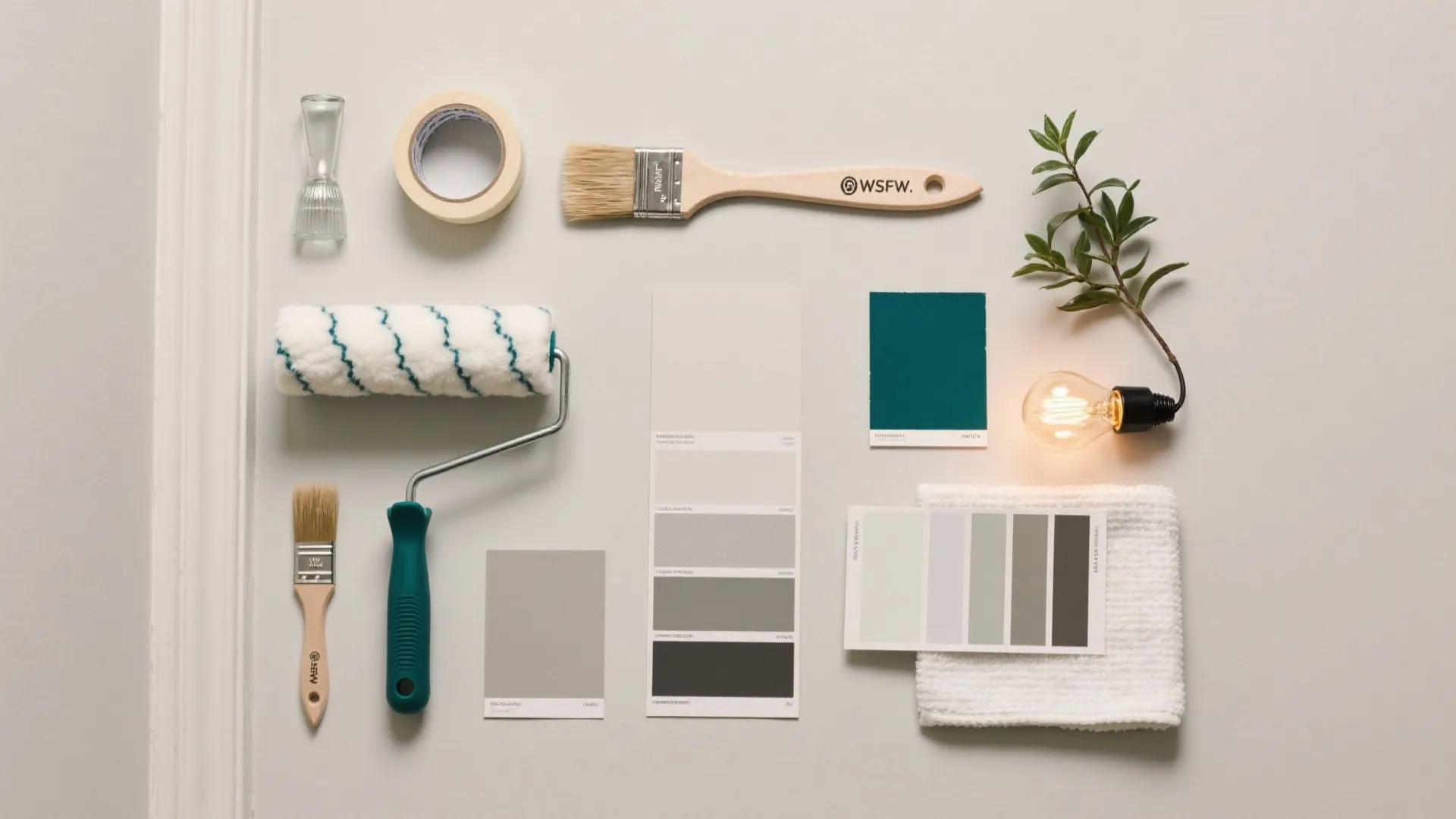 Interior painting tools including paint rollers brushes color cards tape and a small light bulb