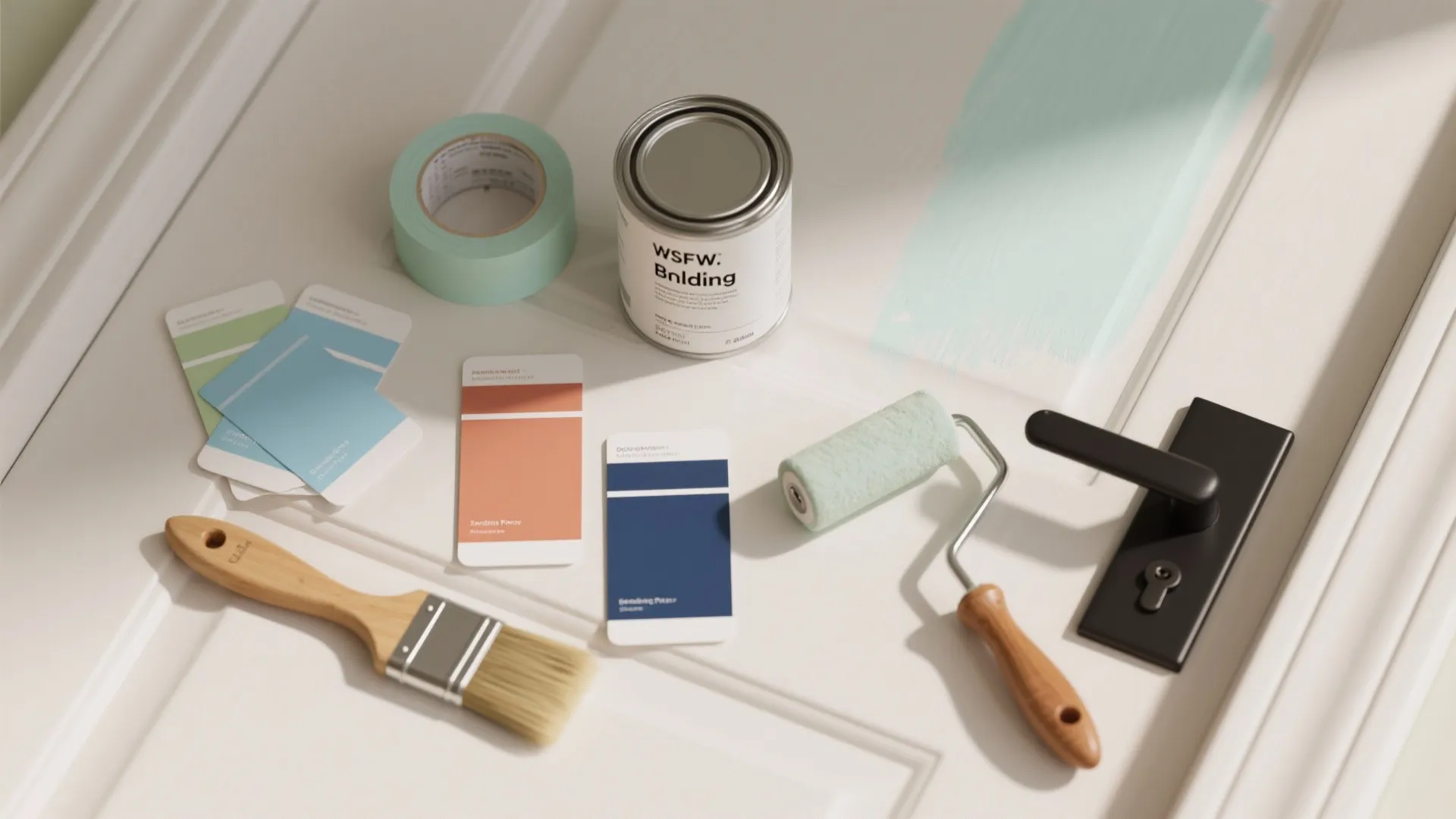 Painting supplies including paint can brush roller tape and color cards on a white door panel