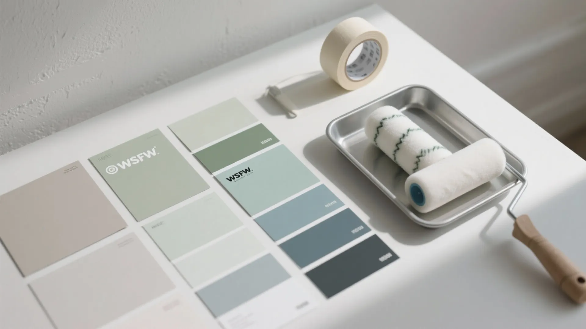 Green and blue paint color cards placed on white table with paint roller and tape