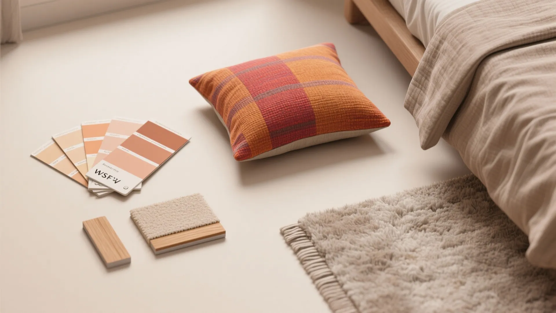 Interior design materials on floor with color palette paint samples orange pillow and soft rug