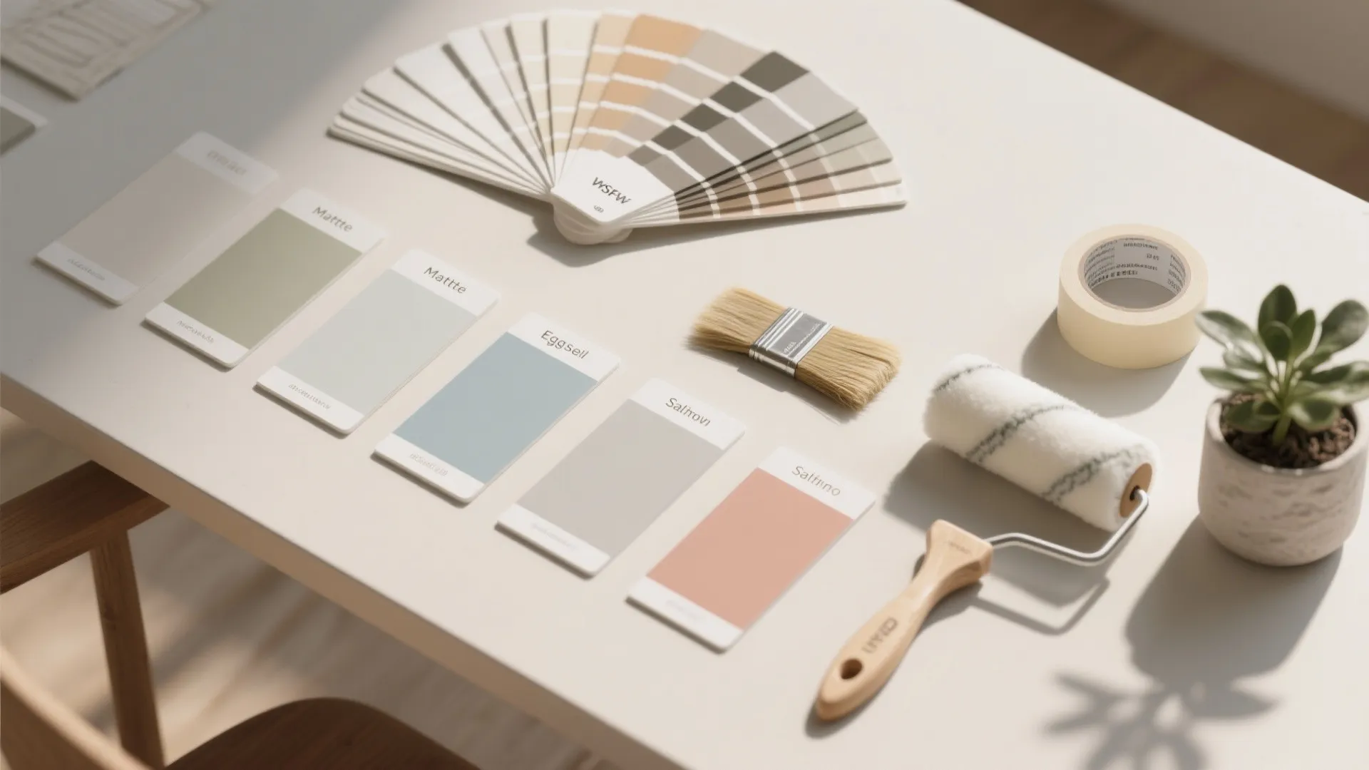 Paint color swatches on a white table with a brush roller tape and small green plant