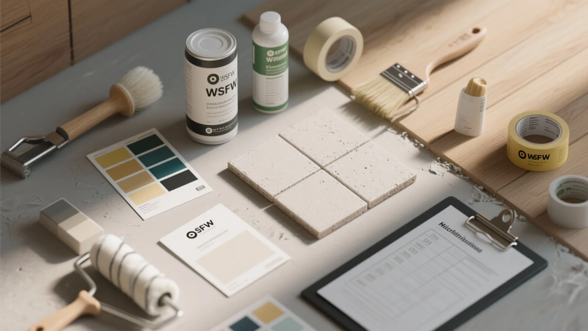 Top-down flatlay of waterproof paint samples, microcement swatches, brushes and a prep checklist.
