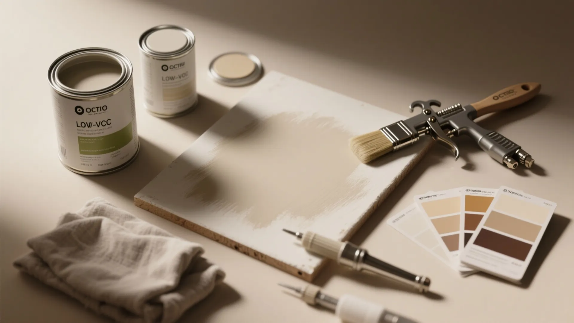 Flatlay of low-VOC paint cans, color swatches, nozzles, angled brush and a sprayed test board.