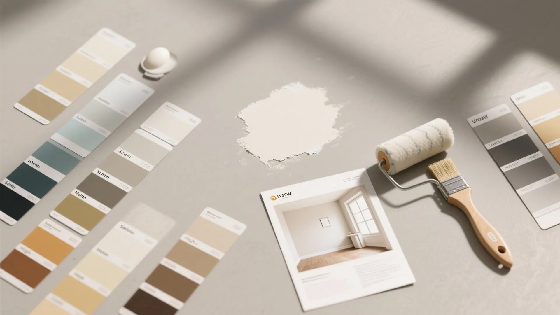 Flat lay of paint color samples with a paint roller brush and room design photo