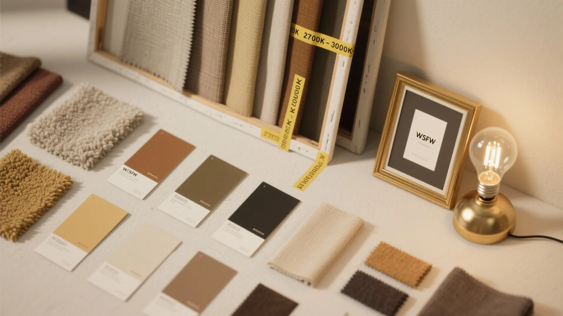 Interior design mood board with fabric samples and color paint cards on a white table