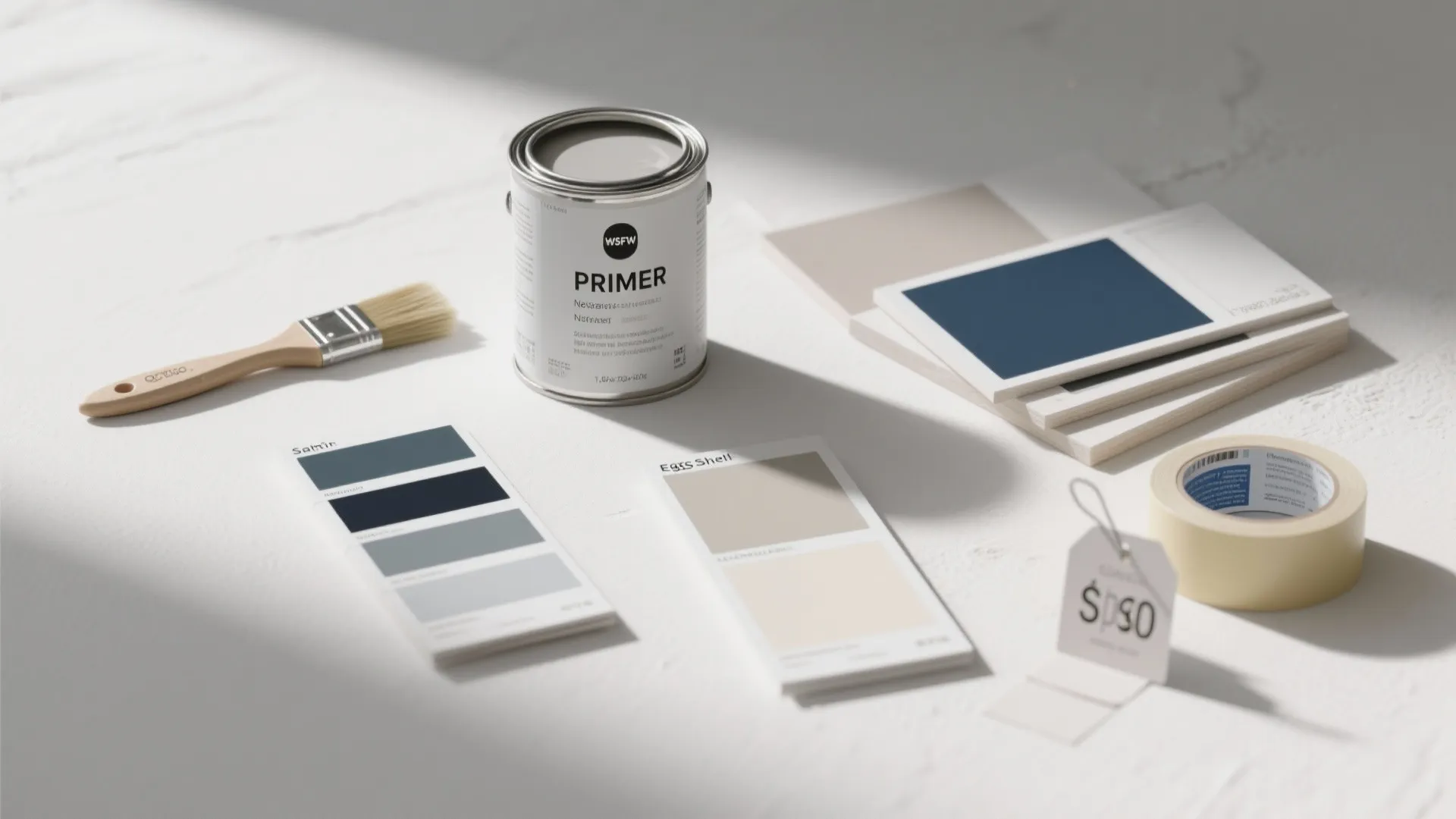 Paint can with brush and color swatches and tape on white table for home design project