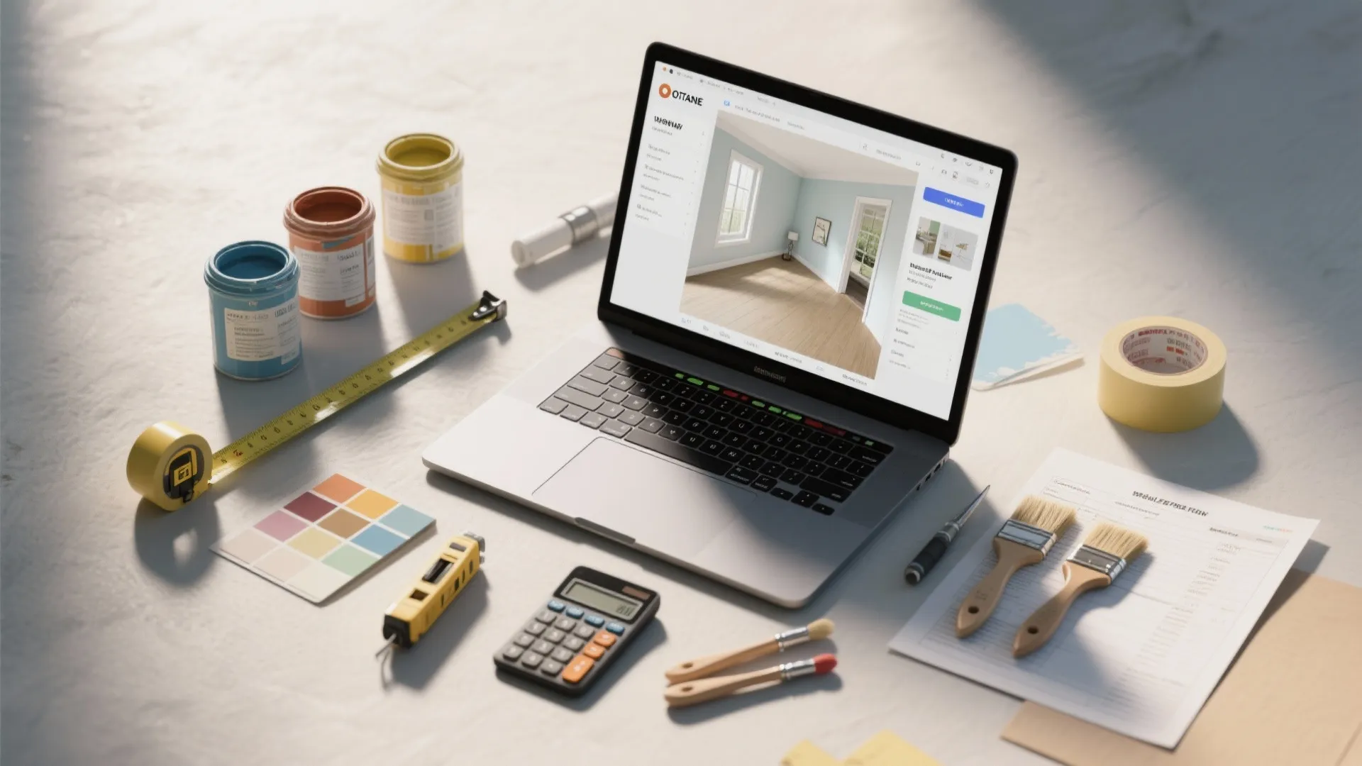 Laptop showing room layout design surrounded by paint cans brushes measuring tape and color cards