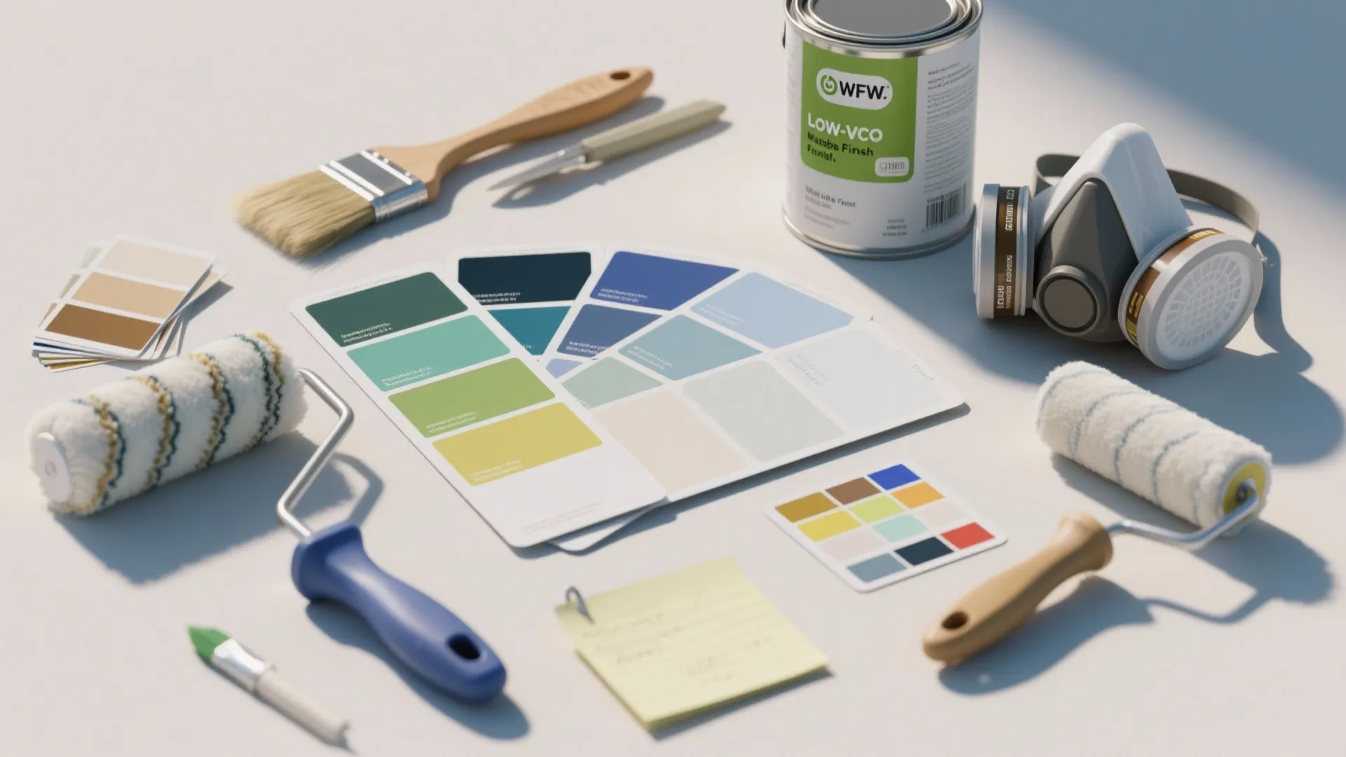 Interior painting tools with colorful color cards paint can roller brush mask and wood floor samples