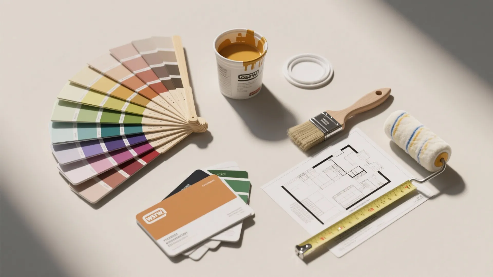 Color swatches, paint bucket, brush, roller, floor plan, and measuring tape arranged on white surface