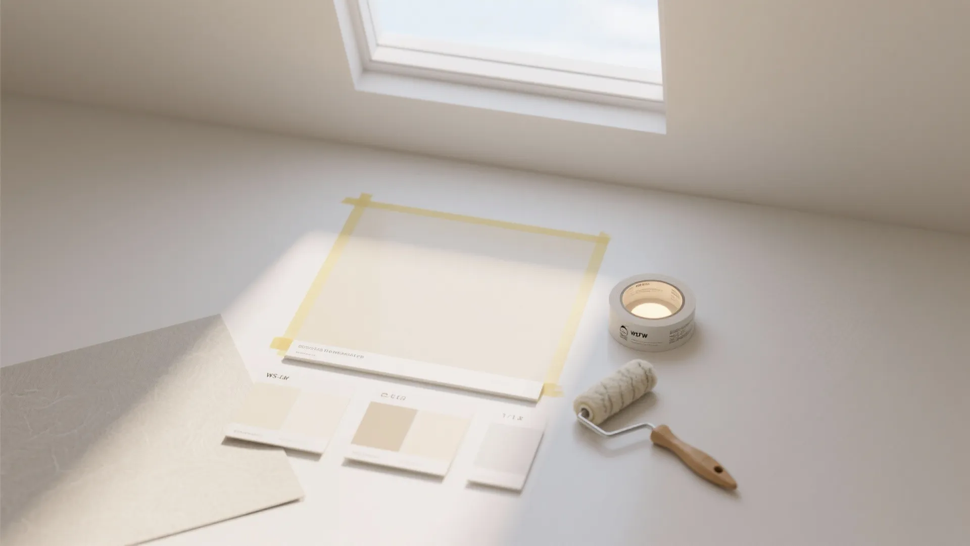 Interior design materials with paint color samples a small paint roller and white masking tape