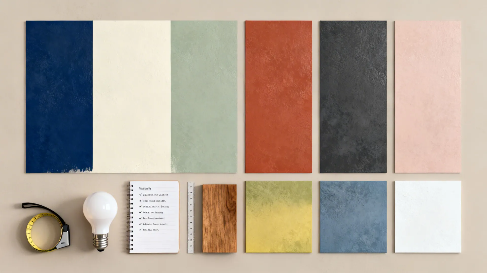 Flatlay of paint swatches, wood sample, bulbs and measuring tape for two-tone dining planning