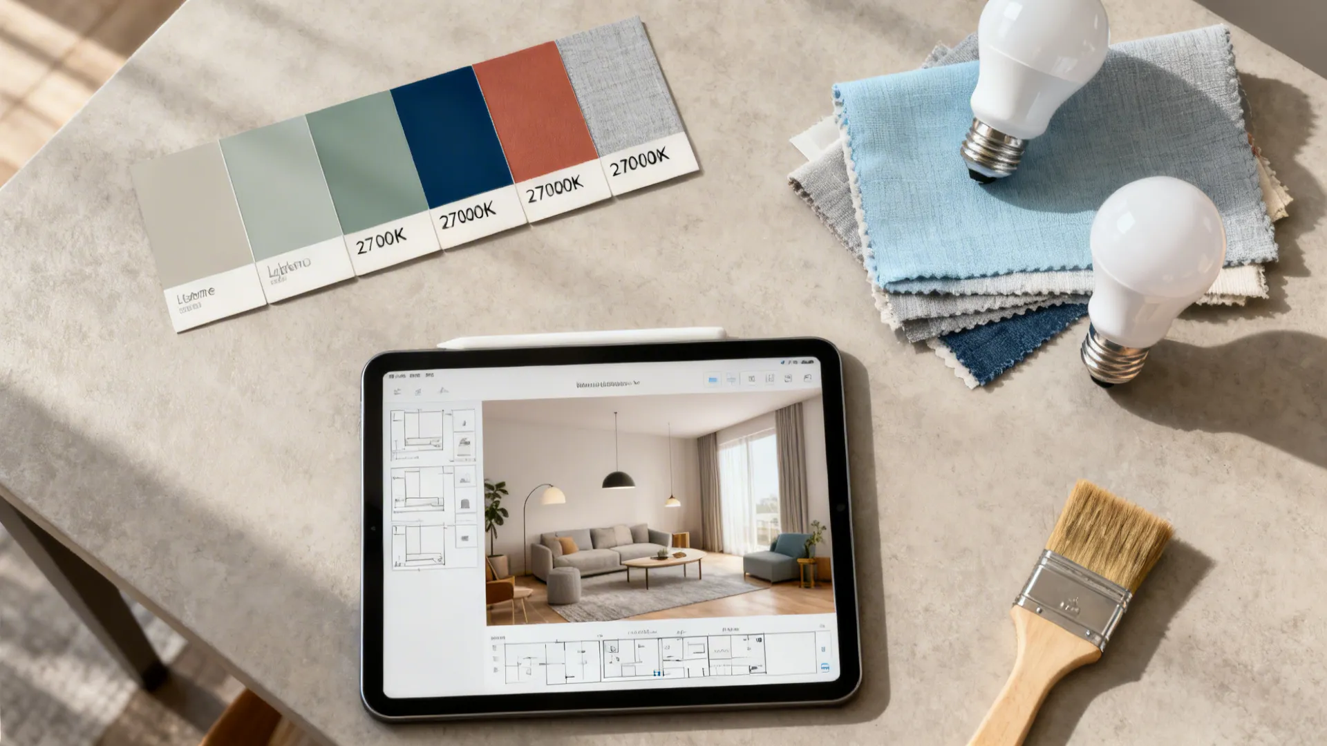 Flatlay of paint chips, fabric swatches, bulbs and a tablet room planner for choosing living room colors.