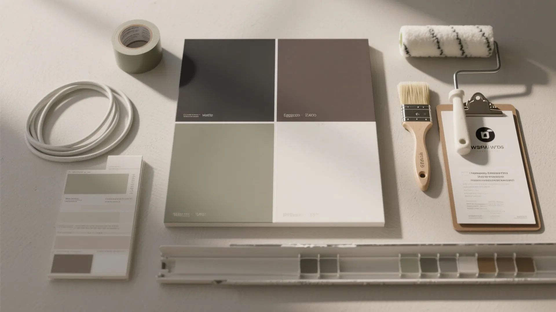 Paint color samples with paint roller brush and tape for home wall decoration project planning