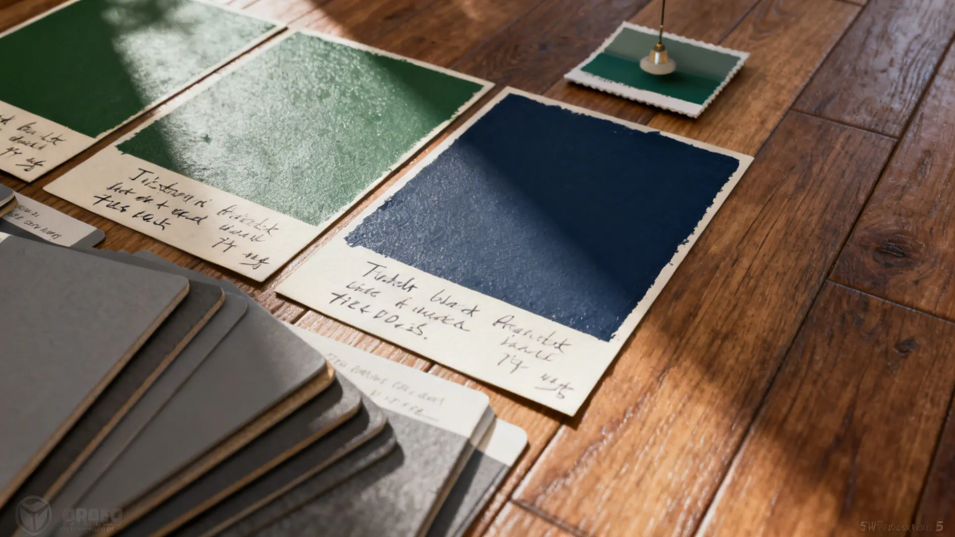 Paint chips and wood floor samples showing deep muted tones and finish options for Victorian homes.