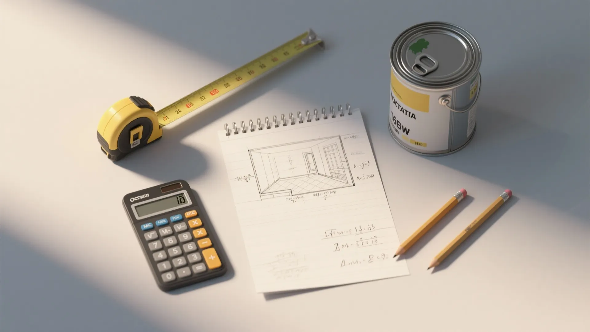 Top-down flat lay of tape measure, room sketch, calculator and a paint can illustrating the simple paint area formula.