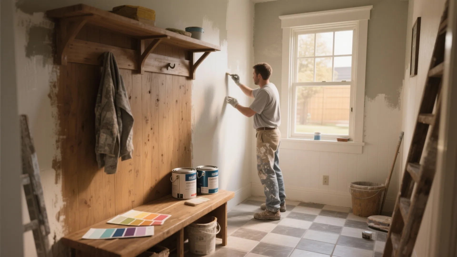 A man painting a white wall with a brush next to a wooden bench seat