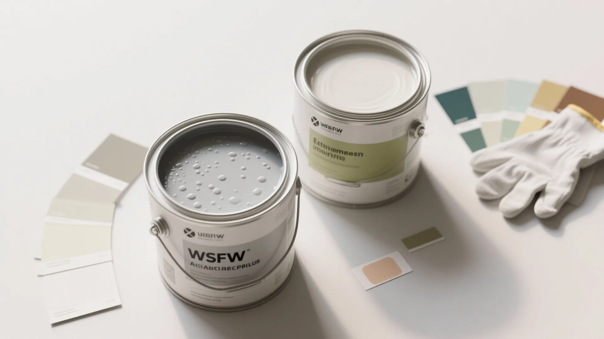 Flatlay of paint cans and swatches comparing exterior weatherproof formulation and low-VOC interior paint.
