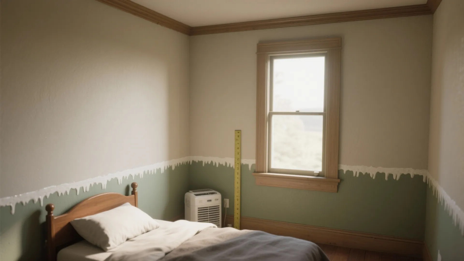 Bedroom with wooden bed white pillow green wall paint dripping edge window and yellow ruler