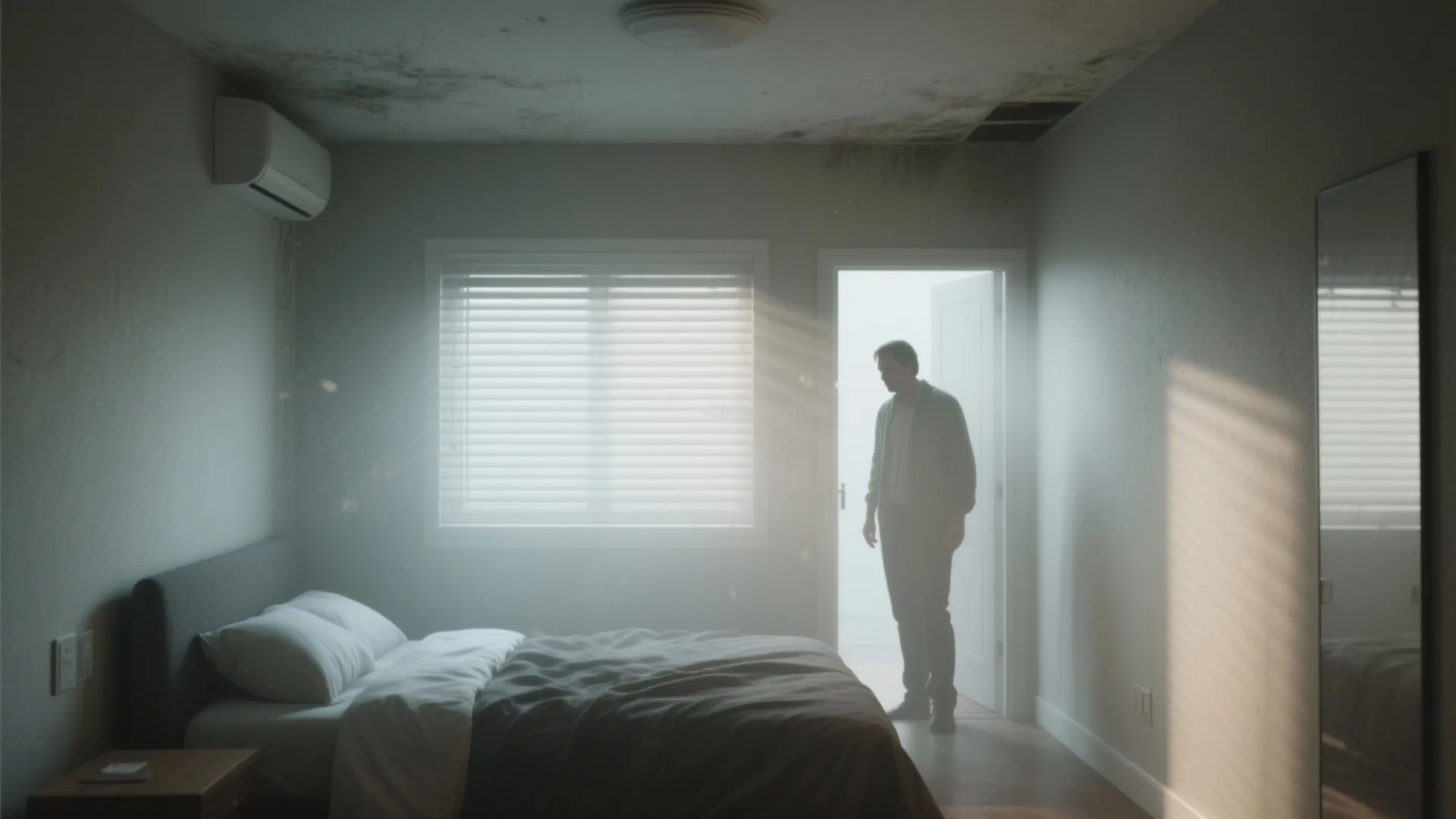 Man standing in a hazy bedroom with a bed window air conditioner and dirty ceiling