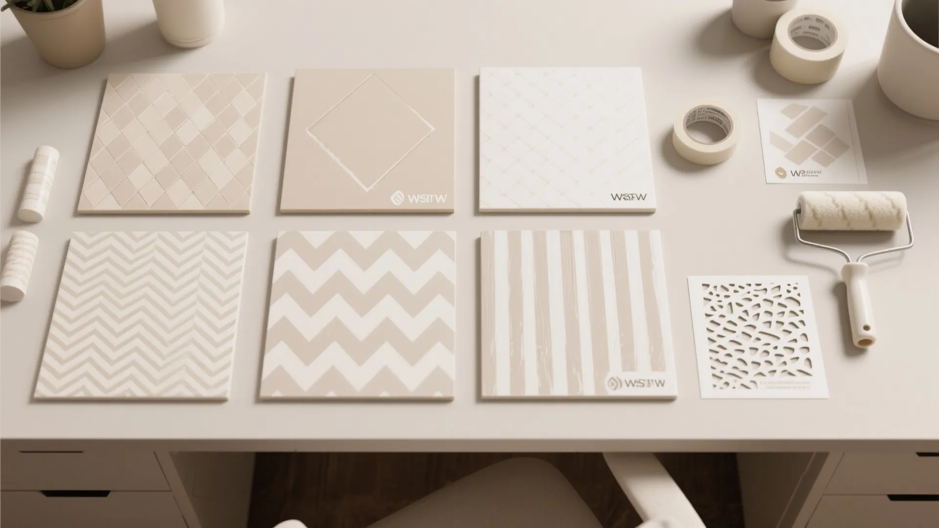 Six geometric pattern floor tile samples on a white desk with paint roller and tape