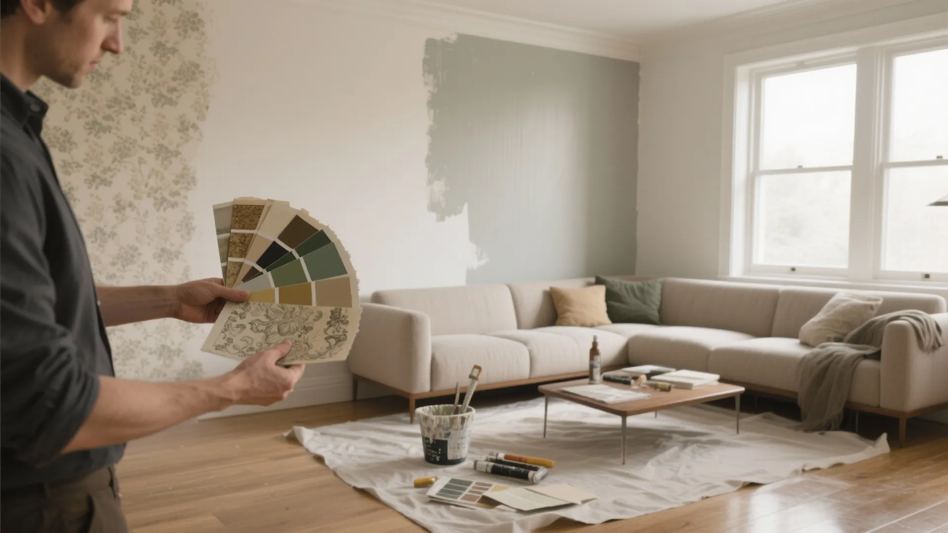 Man holding a color palette fan in a living room with sofa and wooden floor