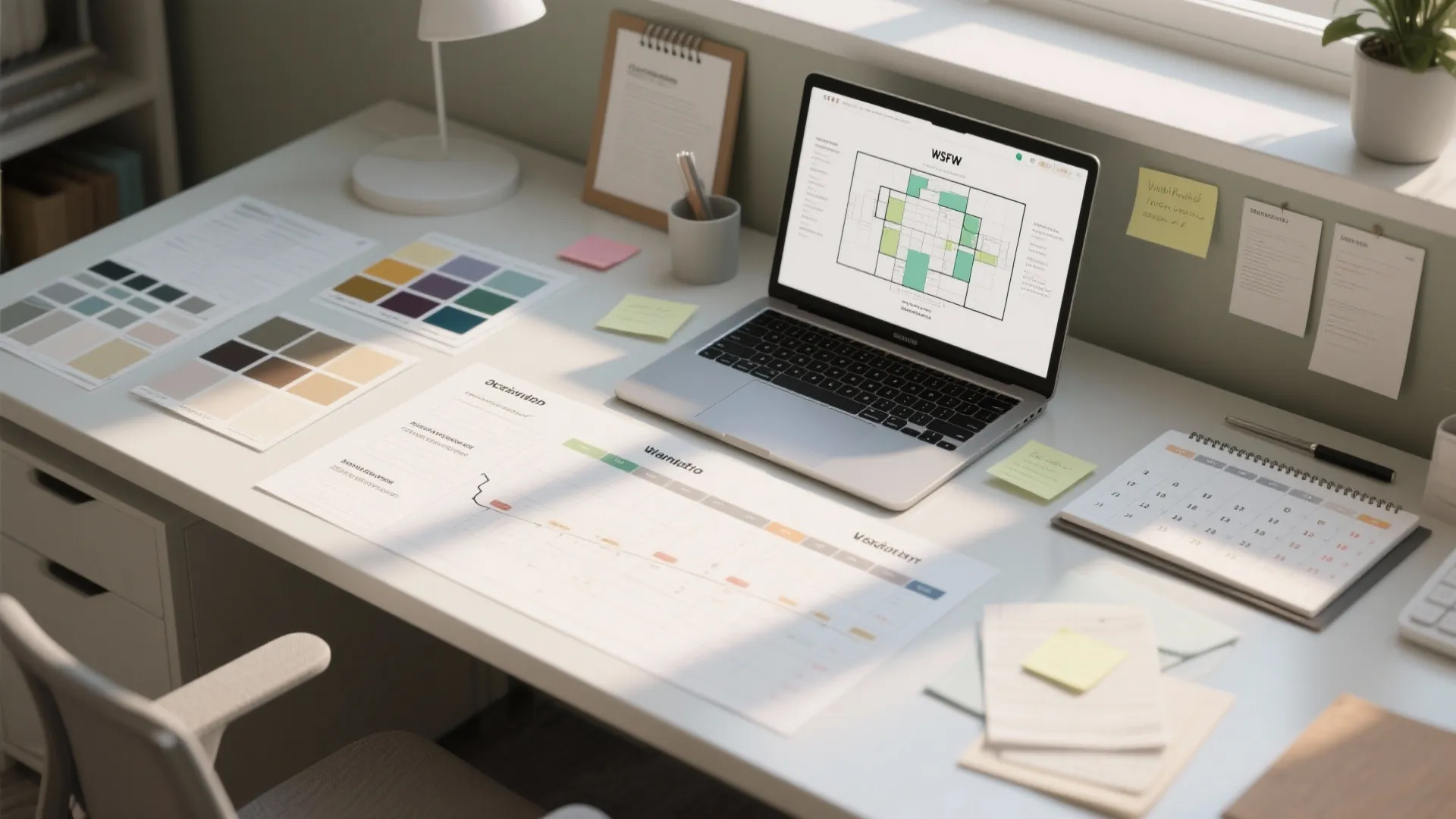 Desk with laptop showing a room layout design surrounded by color swatches and planning documents