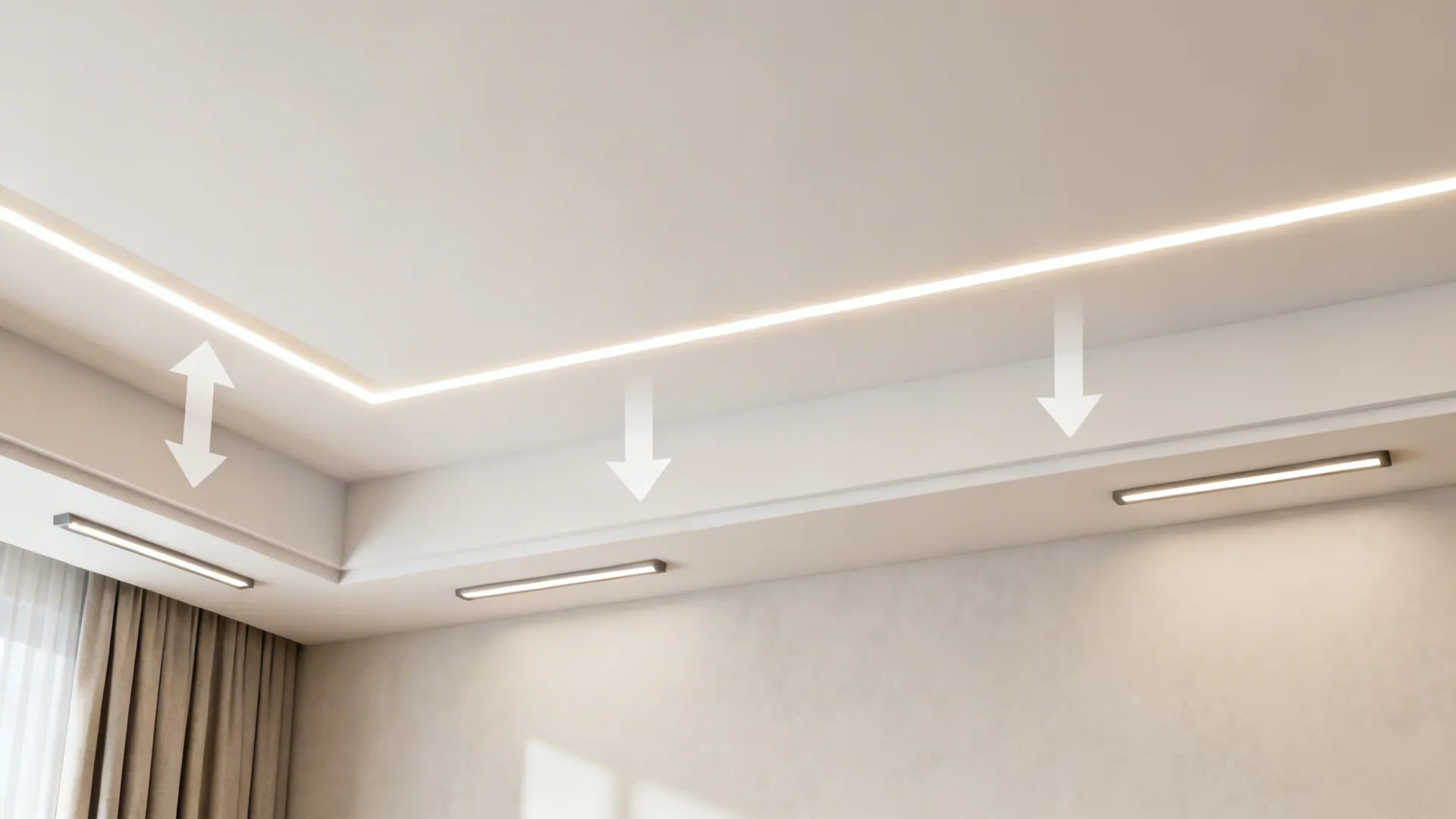 Top-down view illustrating a painted ceiling halo band and surface lights.