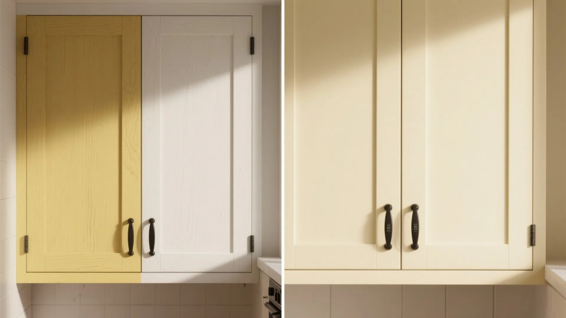 Before and after comparison of kitchen cabinet paint colors and new black handle hardware installation