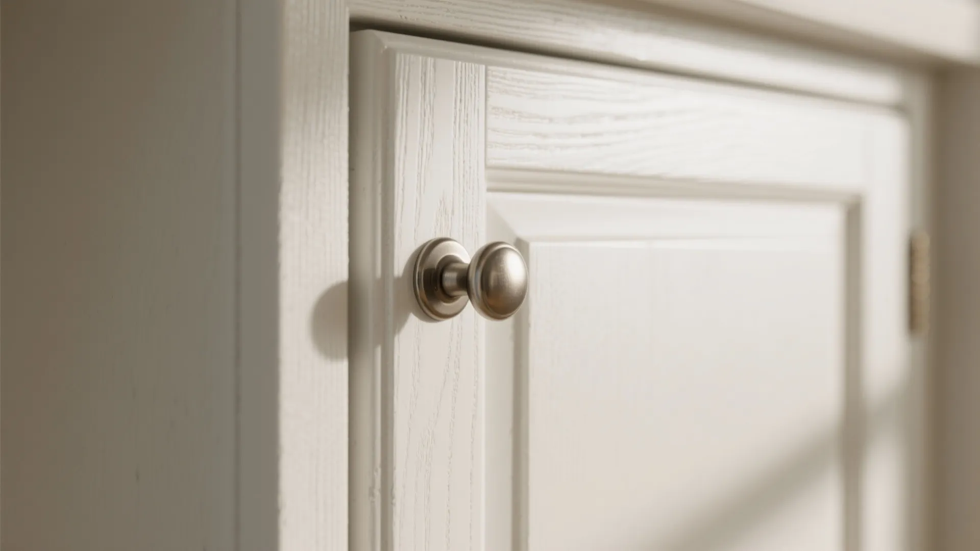 Close up of a small metal door handle on a white wooden cabinet door panel