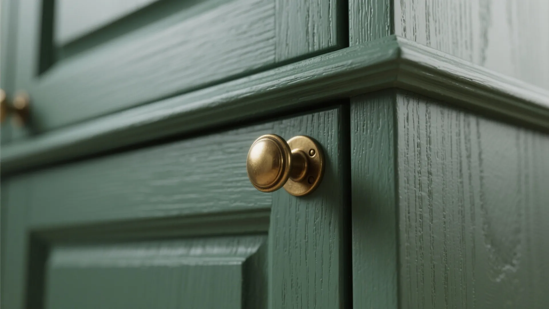 Close up of a green wood cabinet door featuring a round gold metal handle knob