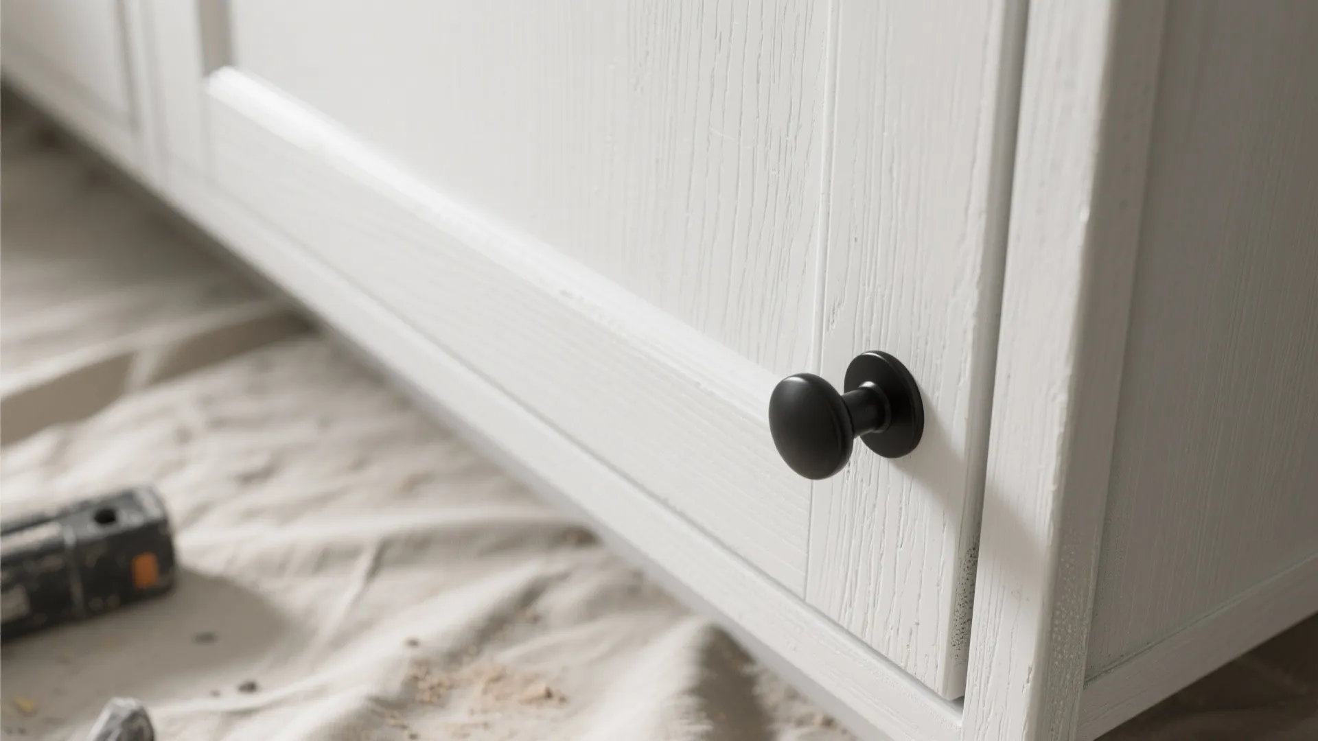 Close up of a black round metal handle installed on a white wooden cabinet door