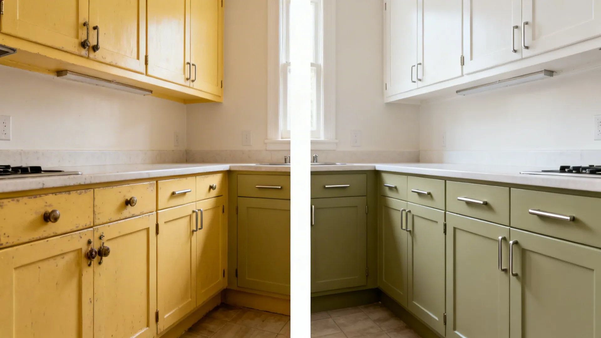 Before-and-after of a small kitchen showing sage lowers, white uppers, and new slim bar pulls.