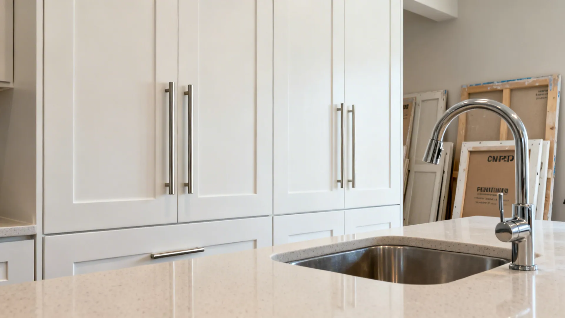 Updated small kitchen with fresh white paint, bar pulls, and a modern pull-down faucet.