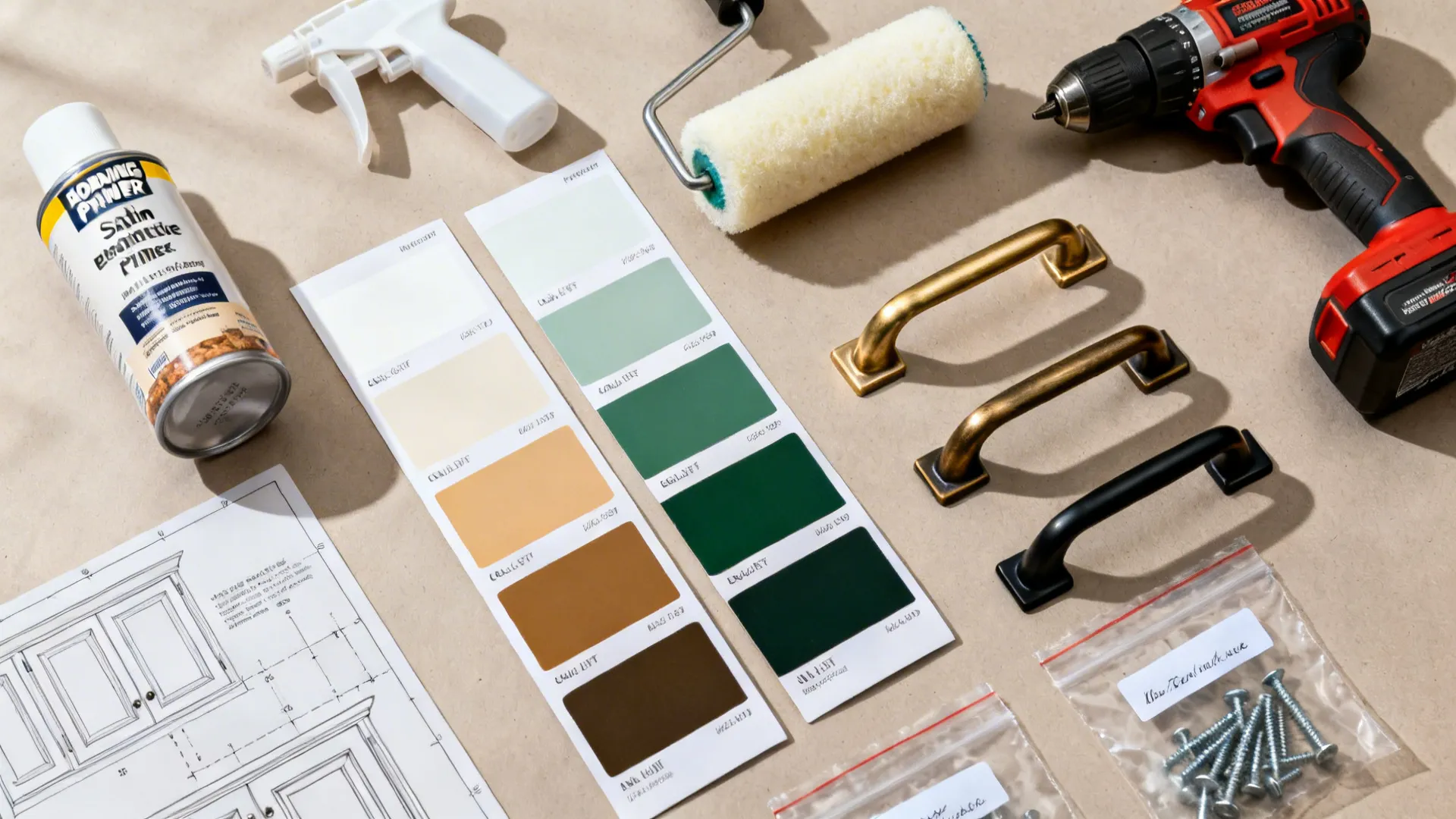 Top-down kit with primer, paint swatches, foam rollers, and brass pulls.
