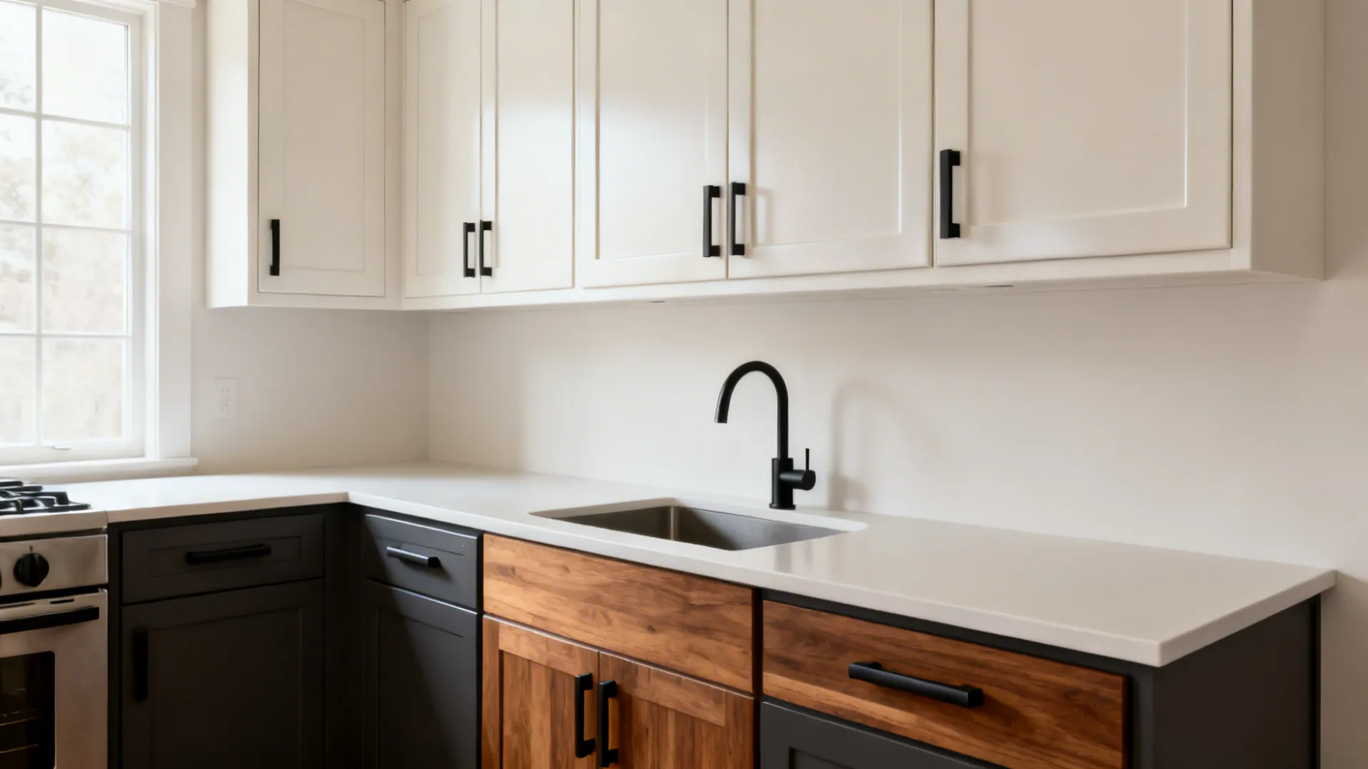 Modern kitchen with white upper cabinets black handles and wood lower cabinets with white countertop