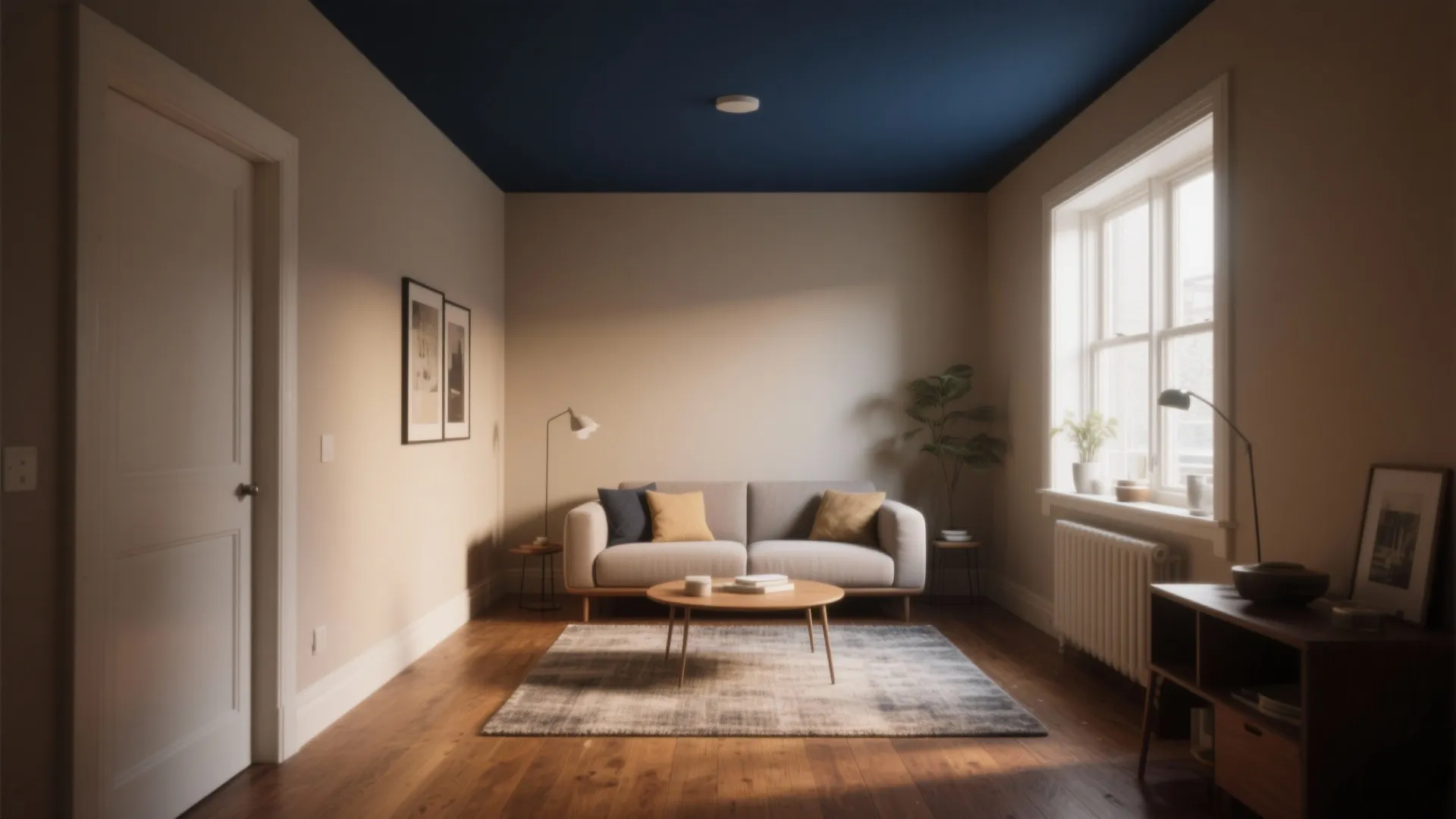 Modern living room with dark blue ceiling beige walls grey sofa wood floor and window