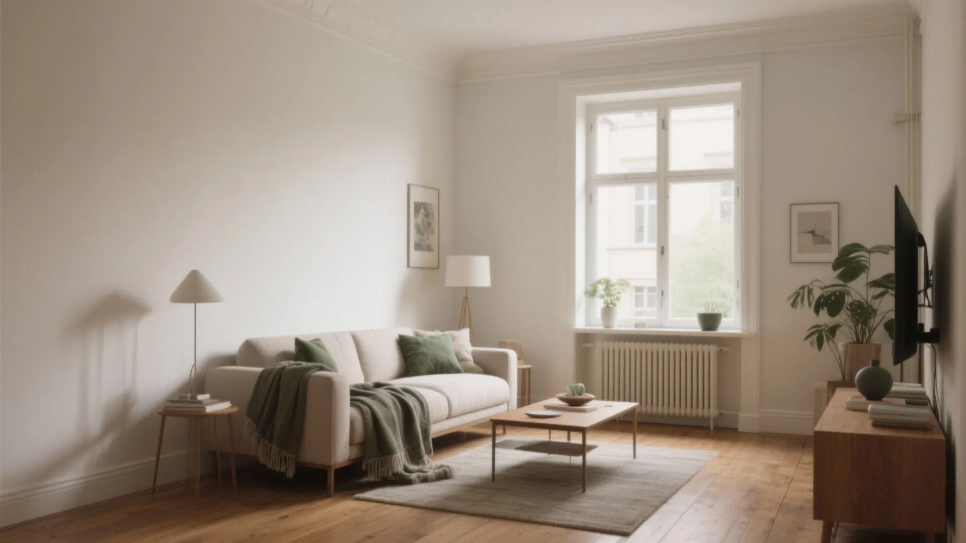 Modern living room with white walls cream sofa green cushions wood floor and coffee table