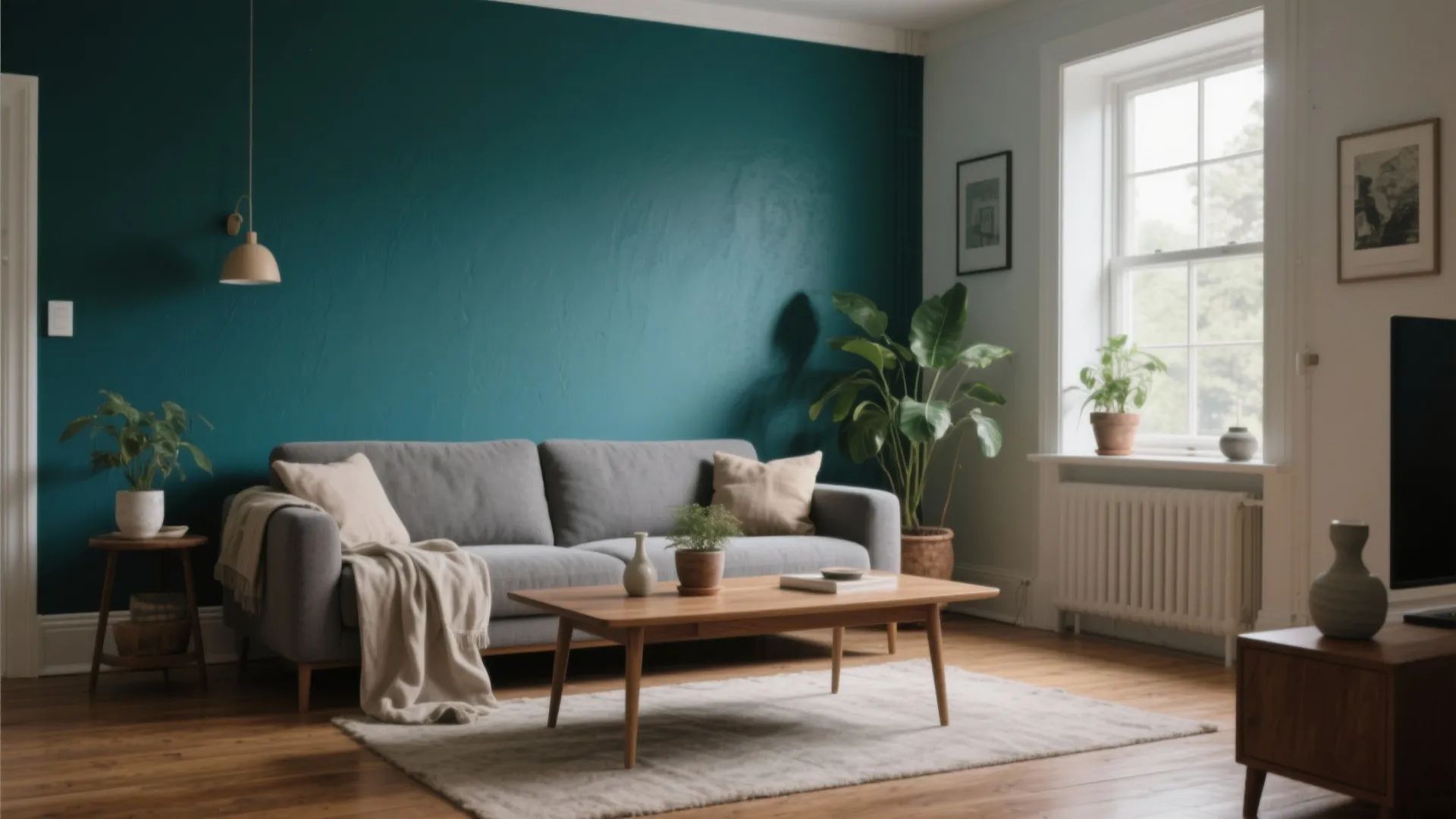 Modern living room with dark green wall grey sofa wooden coffee table and indoor plants