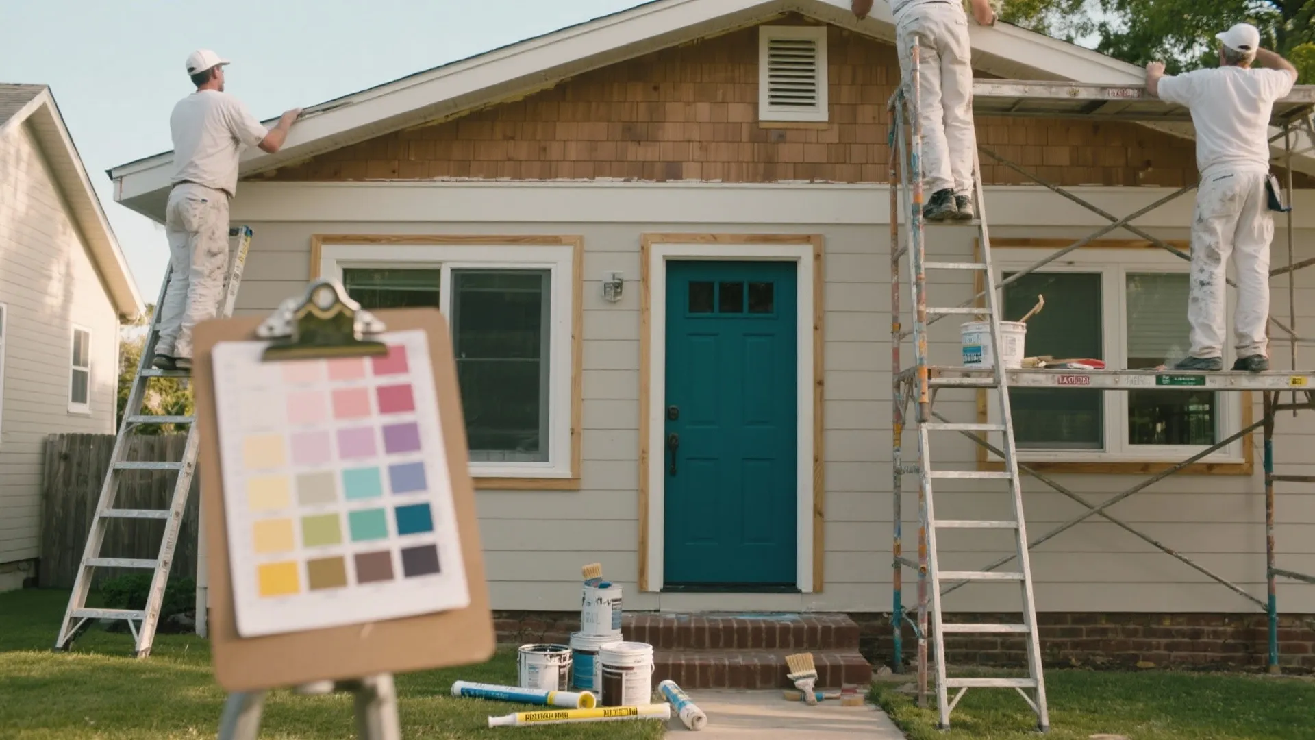 Painters working on scaffolding to paint the exterior of a house with colorful paint samples