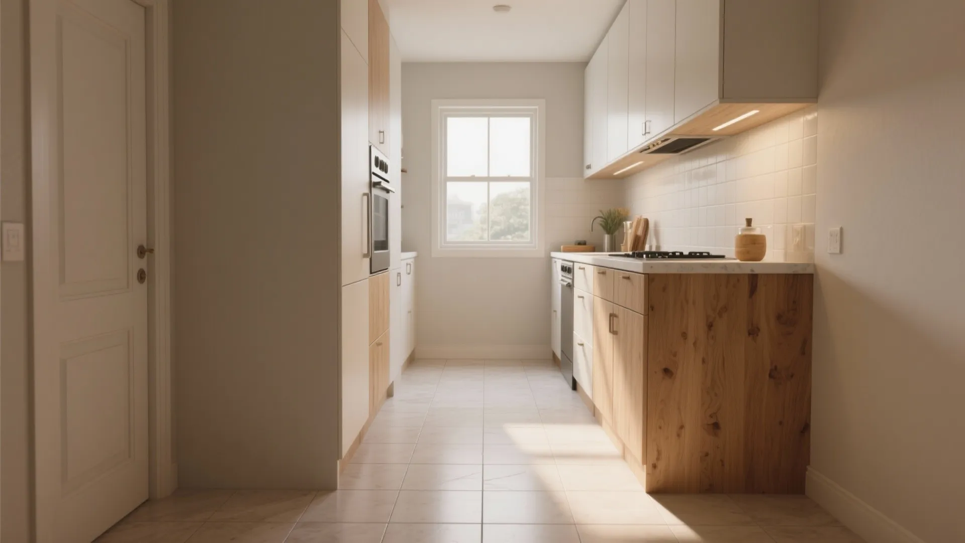 Modern galley kitchen featuring wooden cabinets and white wall tiles with natural light from window